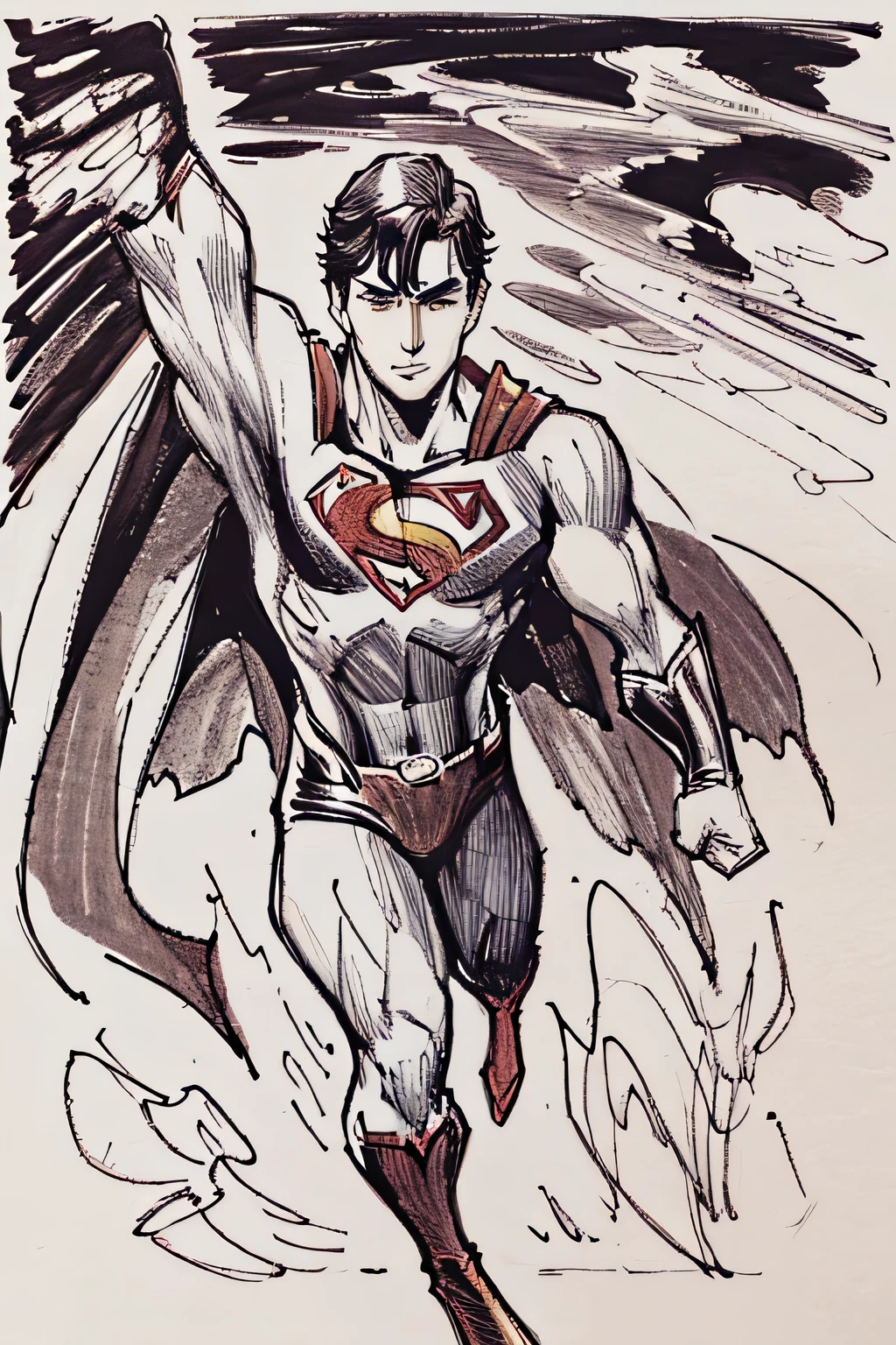 A doodle of superman, drawn in a lined diary, less detailing, a lot of errors, over lining, messy, no shading, no blending, no potrait, no colouring