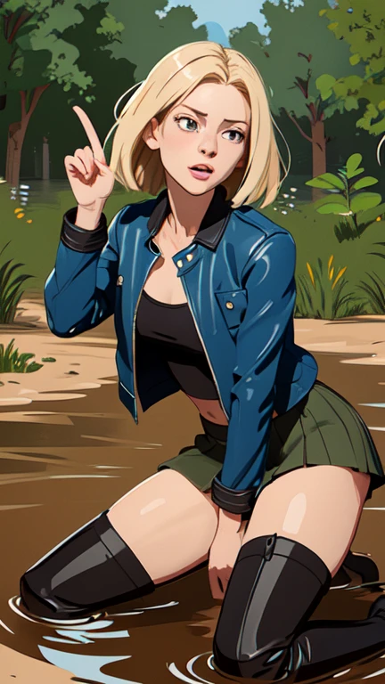 (Vector image:1.3) of (Simple illustration:1.3), woman in a leather jacket, skirt, over-knee boots, stockings with garters, drowning herself off in a quicksand bog, provocative, dry-humping, horny, red, green, blue, black