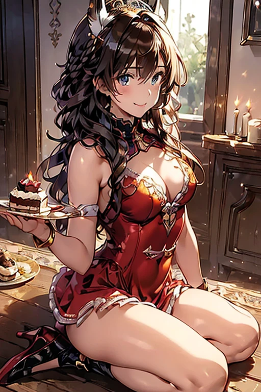 (((Masterpiece))),(((Super Detail))),(((in 8K))),(((best composition))),(((Rim lighting,Fireglow effect,deep shadow))),solo,(Hatsune Miku:1.0),(small breasts:1.2), (perky chest:1.2), (pointed chest:1.2), (Pudding cake magazine cover:1.3),(from above:1.0),(shoot from the side:0.9),masterpiece, 1girl, Amazing Cleavage:1.1, thin waist, Beautiful fingers,Detailed finger features,(Detailed hair features:1.7),detailed facial features,detailed clothes features, (perky chest:1.1), (pointed chest:1.3), looking at viewer,beautiful detailed eyes,double bun with glittering hair ornament,(super detailed glossy skin:1.3),slender body,tits,goddess smile,((mouth little smile open)),beautiful posture,cheongsam dress,(blue with silvr gold thread embroidery,super delicate floral pattern:1.2),seductive cleavage:1.3,beautiful glossy legs,shiny red high heels,lifting dishes with cakesd,french restaurant,hustle and bustle,rising steam,(((depth of fields)))