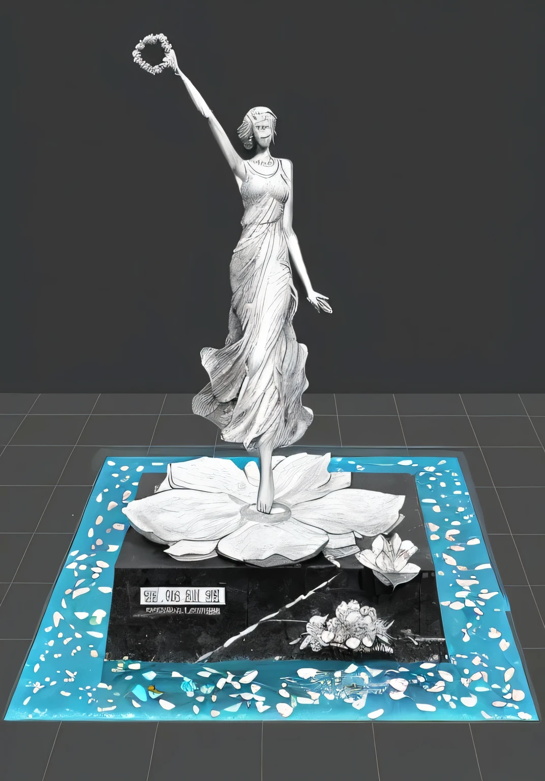 "A detailed 3D rendering of a sculpture based on the provided sketch. The sculpture features an elegant woman with nine-heads proportion, standing gracefully on one leg. Her right arm is raised high, holding a small wreath about the size of her head. Her left arm is naturally down by her side. She is wearing a long flowing dress with soft lines and folds, reaching just above her ankles, revealing her lower legs and bare feet. The dress resembles the simple design in the sketch, with a tank top style upper part. Her head is slightly raised, with short curly hair, and she has a hopeful smile on her face. The base of the sculpture is a large flower with six petals spread out, supporting the statue. The surroundings include a blue background resembling a water pool with many floating white petals, creating a tranquil and harmonious atmosphere. The entire sculpture and its base are in black and white tones, with detailed lines and shadows to give it a three-dimensional effect. Please ensure to capture the intricate details and proportions as shown in the sketch."
