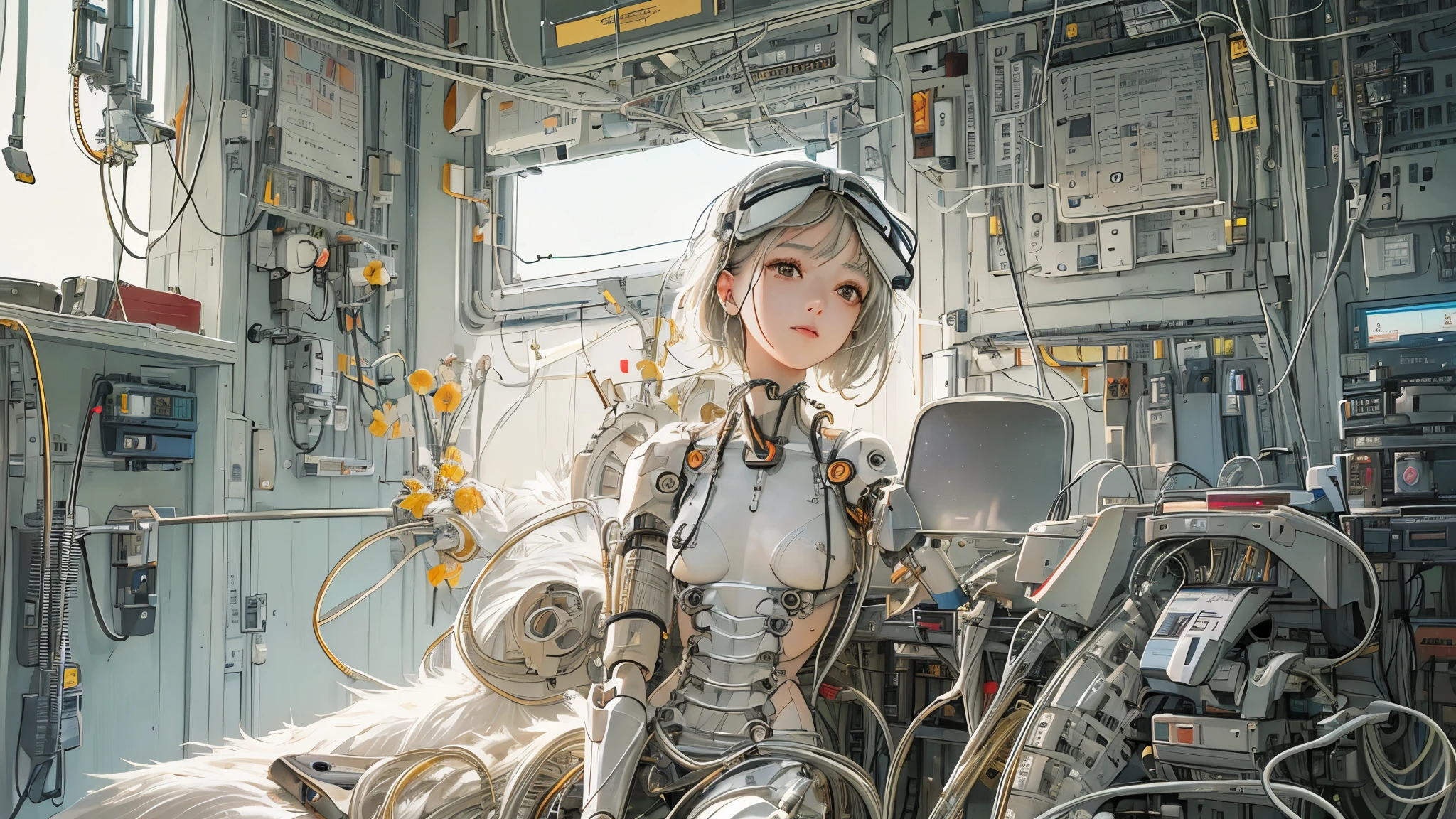 (((masterpiece))), (((highest quality))), ((Very detailed)), (Highly detailed CG illustrations), ((Very delicate and beautiful)),(Cute and delicate face),Light,((1. Machine Girl)),alone,whole body,(Machine made joints:1.4),((Mechanical Limbs)),(Muscles bulge),(Blood vessels are connected to tubes),(Brain in a container:1.3),((Mechanical vertebrae attached to the back)),((Mechanical cervical vertebrae attached to the neck)),((Sitting)),poker face,(Wires and cables attached to head and body:1.5),Small breasts,short hair,(Character Focus),SF