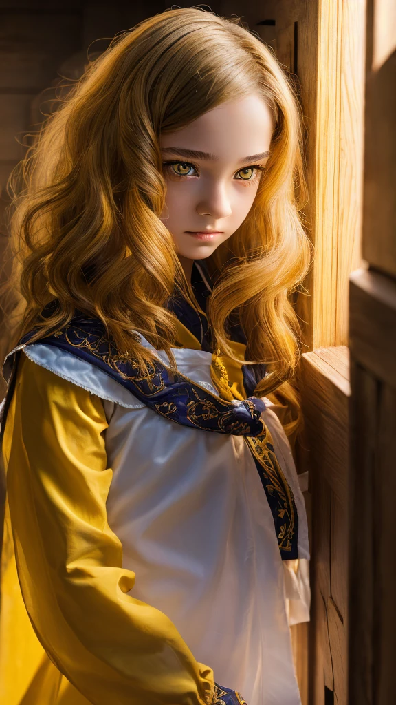 high detail, clarity, 8 kkk, young girl, 15 years old, light hair, wavy hair, yellow eyes, blazing, Realism, fantasy,