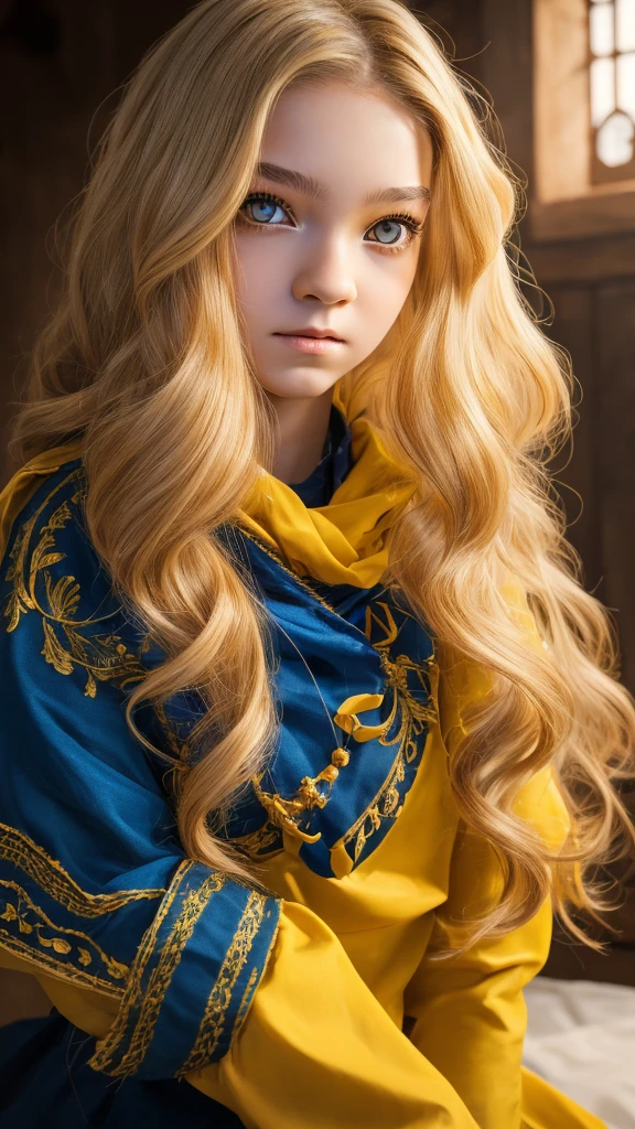 high detail, clarity, 8 kkk, young girl, 15 years old, light hair, wavy hair, yellow eyes, blazing, Realism, fantasy,