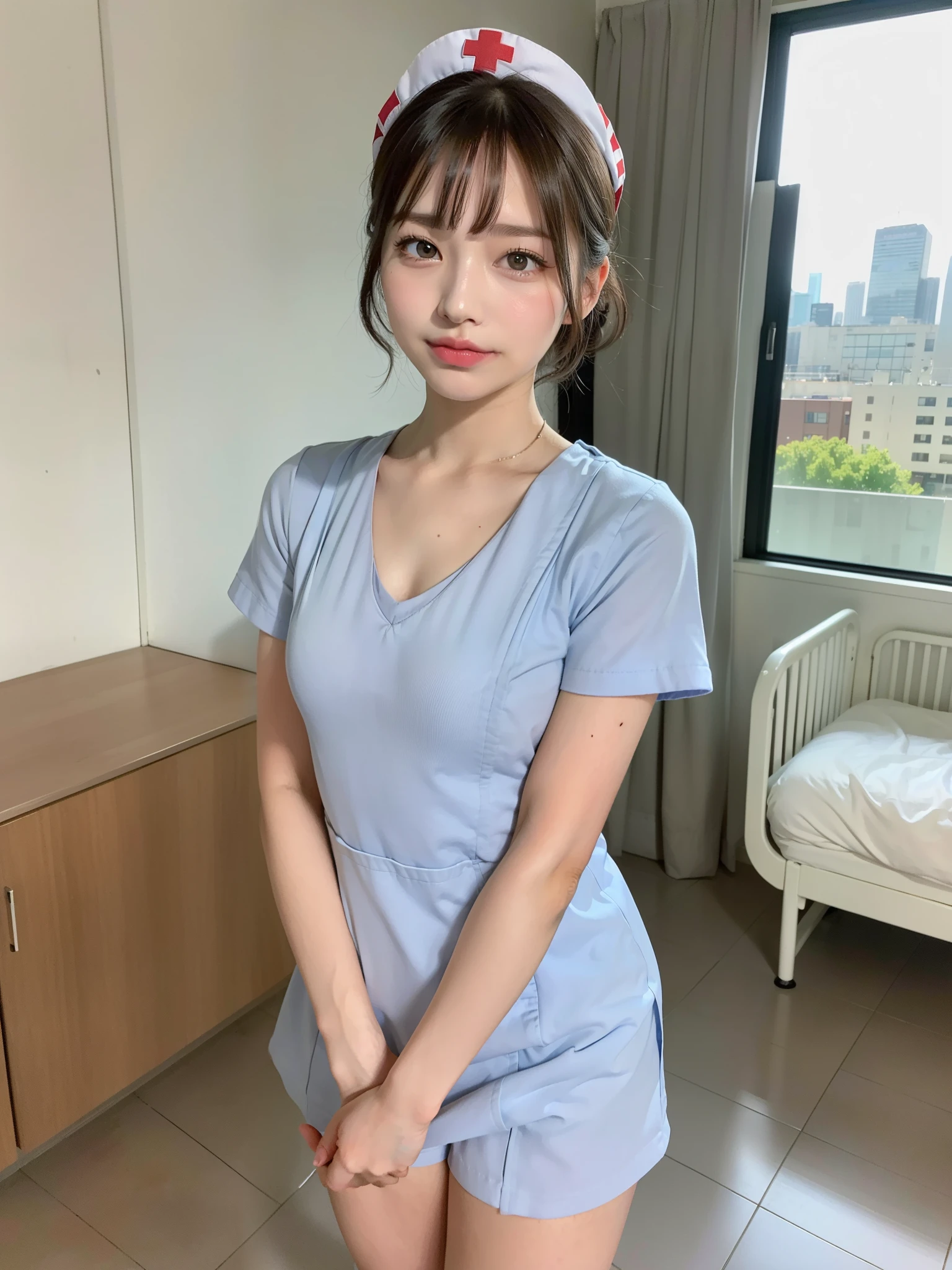 ((Best of the highest quality, 8k, Masterpiece: 1.3, raw photo)), Sharp focus: 1.2, (1 AESPA, slim body type female, 21 y/o: 1.1), (Solo: 1.2), (realistic, photo-realistic:1.37), face focus, cute face, finely eyes, (droopy eyes: 1.32), (Emphasize prominent aegyo-sal with bright: 1.2), shimmering eyeshadow applied under the lower lash line, paired with thick, (small breasts, flat chest, Thigh: 1.3), (short messy hair, bangs, updo: 1.28), (nurse uniform: 1.32), walking hospital terrace, sun light, flower, (from below: 1.08)
