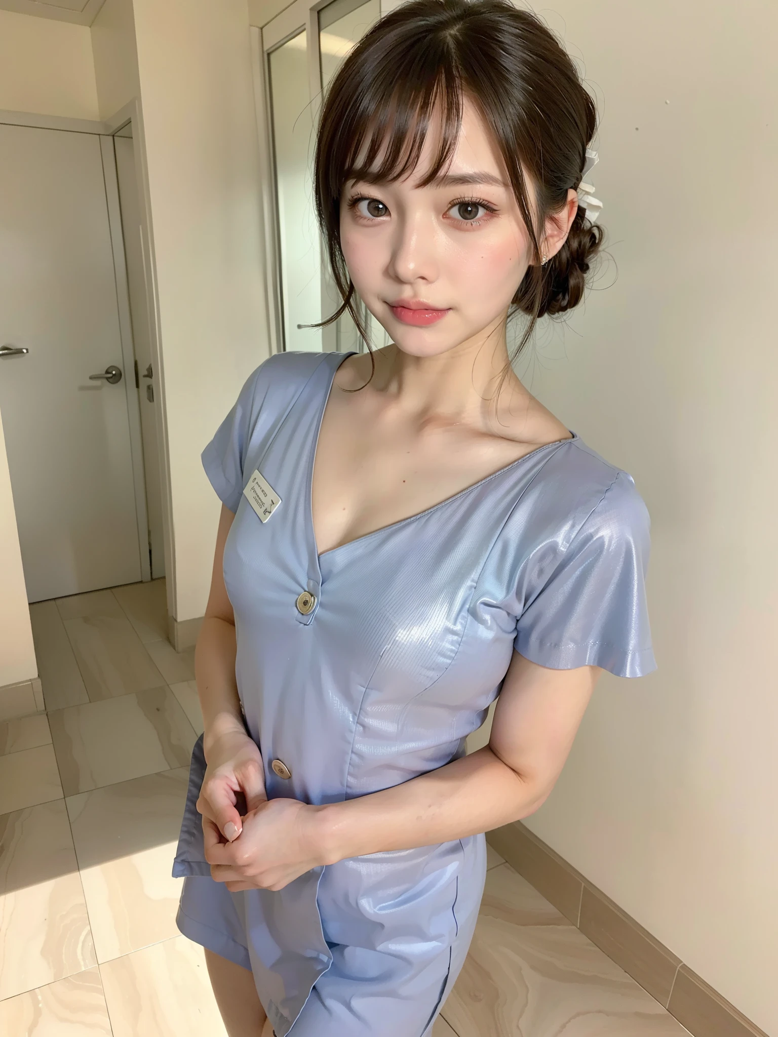 ((Best of the highest quality, 8k, Masterpiece: 1.3, raw photo)), Sharp focus: 1.2, (1 AESPA, slim body type female, 21 y/o: 1.1), (Solo: 1.2), (realistic, photo-realistic:1.37), face focus, cute face, finely eyes, (droopy eyes: 1.32), (Emphasize prominent aegyo-sal with bright: 1.2), shimmering eyeshadow applied under the lower lash line, paired with thick, (small breasts, flat chest, Thigh: 1.3), (short messy hair, bangs, updo: 1.28), (nurse uniform: 1.32), walking hospital terrace, sun light, flower, (from below: 1.08)