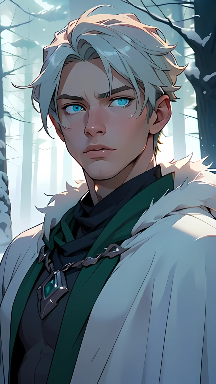 Man, Nordic,Man:1.5,1 Man,,(male,muscle,1 boy, 1 boy,chest,Man chest, muscular), 25 year old Man,young,((1male,1 male,1Man,Man,male gender:1.5,handsome Man,male focus)),young handsome male,(silver hair),(((green_eyes:1.3))),difficult eyes,beautiful detailed eyes,symmetrical eyes,((detailed face)), certain body, waist-deep body serious face, (((blue eyes))), blond combed back short hair
(((handsome hunter in a blue cloak with white fur))),((difficult outfit,difficult clothes)), Waist-deep frame
(dynamic pose:1.0),derisive,(centered,scale to size,rule of thirds),
((snowy pine forest at night, dark forest, snow, Foggy, An eerie aura, creepy atmosphere)),with dark storm clouds,winter,Landscape:1.25,difficult Landscape,((snow forest background)), ((night)), Moonlight
(Glossy winter ornaments),a high resolution,sharp focus,(ultra detailed,extremely detailed),(photorealistic work:1.37),(extremely detailed CG unity 8k wallpaper),(((bright colors,bright theme))),(difficult),(masterpiece),(Best quality),art photography,(photo taken by sldr),(difficult background),perfectly drawn face,perfect facial details,realistic face,photo realistic,((difficult detail)),(((realism))),