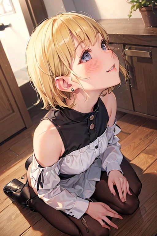 (One transcendent beautiful girl)、ultra-detailed、(8k, RAW photo, best quality, masterpiece:1.2), (extremely detailed 8k wallpaper),professional lighting,sharp focus, depth of field、(((Detailed and accurate face))),(((close up face)))、nfws,((blonde、short hair))、((Beautiful Eyes)),((20-year-old woman))、((Gal))、(Earrings).(((Shirt dress、black tights))),(boots)、((Shoulder bag)),((A room in an apartment))、(((entrance)))、(((Kneeling))),(((look up at viewer、Looking up)))、((blush、Shy smiling blowjob))