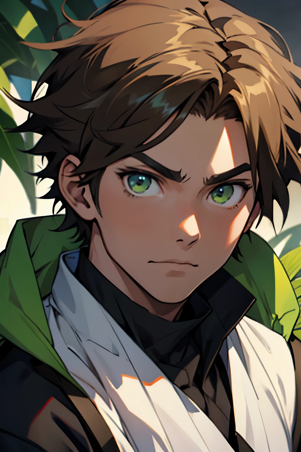 anime, boy, black hear, brown green eyes, white face,