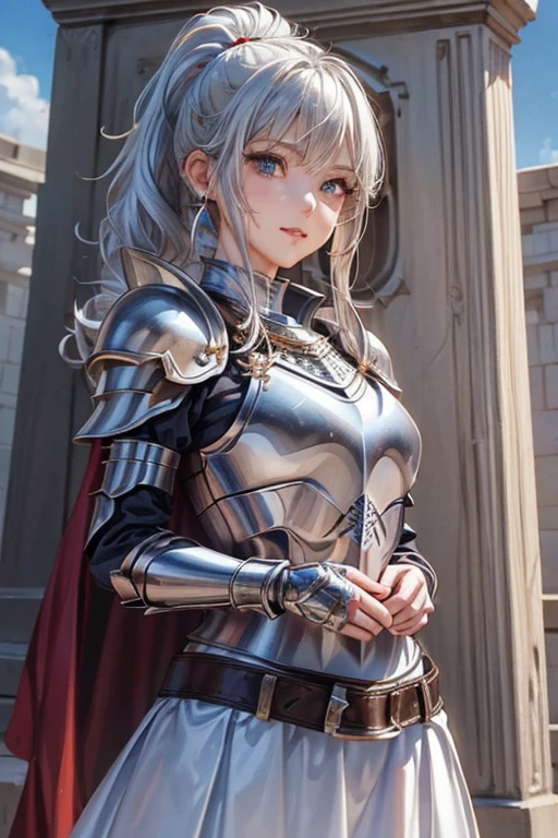 #Basics Girl posing for a photo, animeのかわいい女の子, (((One Girl, Baby Face, 16 years old))), 
BREAK 

#Clothing Accessories
(Silver Armor:1.4 + (White long skirt:1.4), Heavy Armor, Breastplate decorated with red gemstones, Armor Plate, Gauntlet, red cape, Combat Boots, sword, shield),  
BREAK 

#Features
(Silver Hair:1.4, Bangs that expose the forehead:1.4, (ponytail : Very long hair +Thick, curly hair + Black string ribbon)), 
(Droopy eyes,blue eyes), 
(Small breasts), 
BREAK 

#expression
(smug face, Grin), 

#background environment
((noon, Medieval fantasy temple)), 
#composition
(Turning your body to the viewer:1.4, from below:1.4, Cowboy Shot:1.4), 
BREAK 

#Body parts elements
(Beautiful Hair,Shiny Hair), 
(double eyelid, Long eyelashes), 
(Expression of fine eyes, Beautiful and delicate eyes, Sparkling eyes, Eye Reflexes), 
(Beautiful Nose, Thin Nose), 
(Glossy lips, Beautiful Lips, Thick lips), (Symmetrical facial features), 
(Detailed skin, Textured skin, Beautiful Skin), 
BREAK 

#Quality
(((highest quality)), ((masterpiece)), ((Very detailed))), 
((High resolution), (16k,1080p)), 
(Realistic), (Anatomically correct), 
((comics, anime)), (3DCG), CG illustration,
