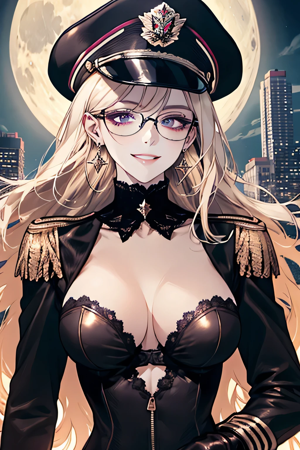 ( Detailed Description, High resolution,8k wallpaper,, masterpiece,best quality,Depth of Realm),Chest and face shot. A beautiful young woman、so beautiful、Anatomically accurate depiction,Platinum Blonde,Facial details、Glasses、Gold earrings in the ears,(Provocative smile),(She is wearing a dark purple military cap.,Dark purple military jacket、Black Leather Gloves)、(Large Breasts)、Cleavage,Accurate hand drawing,. Full moon in the background,night,City.
