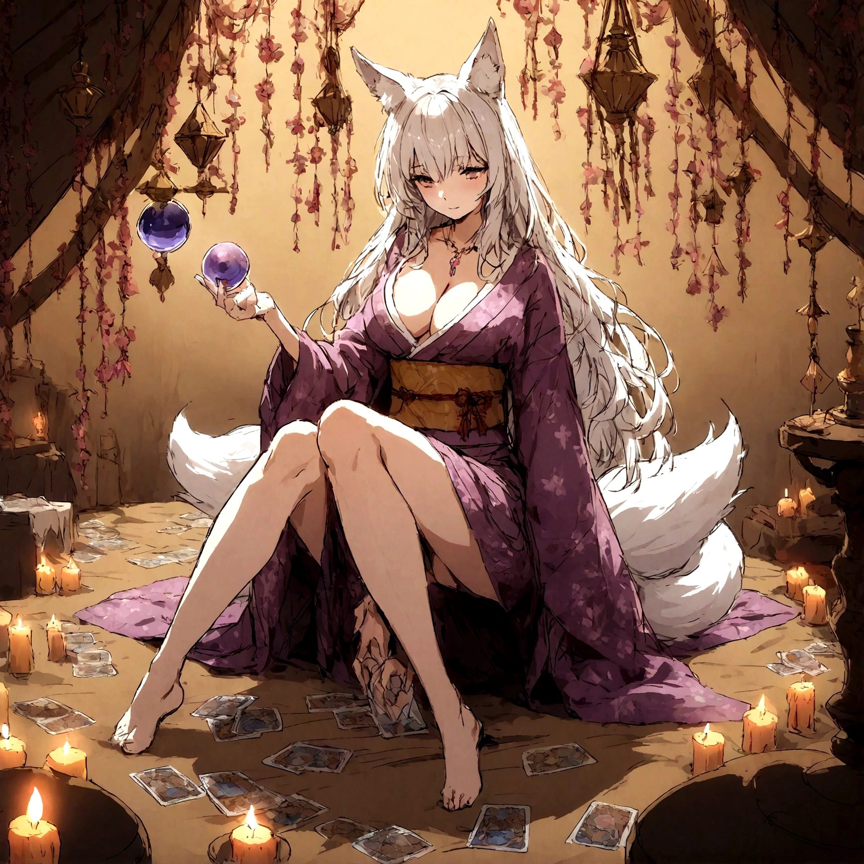 a sexy milf, has very long white hair, breasts, showing cleavage, has fox ears, wearing sakura kimono, in a gypsy tent, reading a crystal ball and surrounded by tarot cards, surrounded by candles, mystical, showing legs, sitting on cloth laden stool, has a table in front of her, has a fox tail, purple ornate hanging drapery, holding a shining crystal ball, surrounded by tarot cards