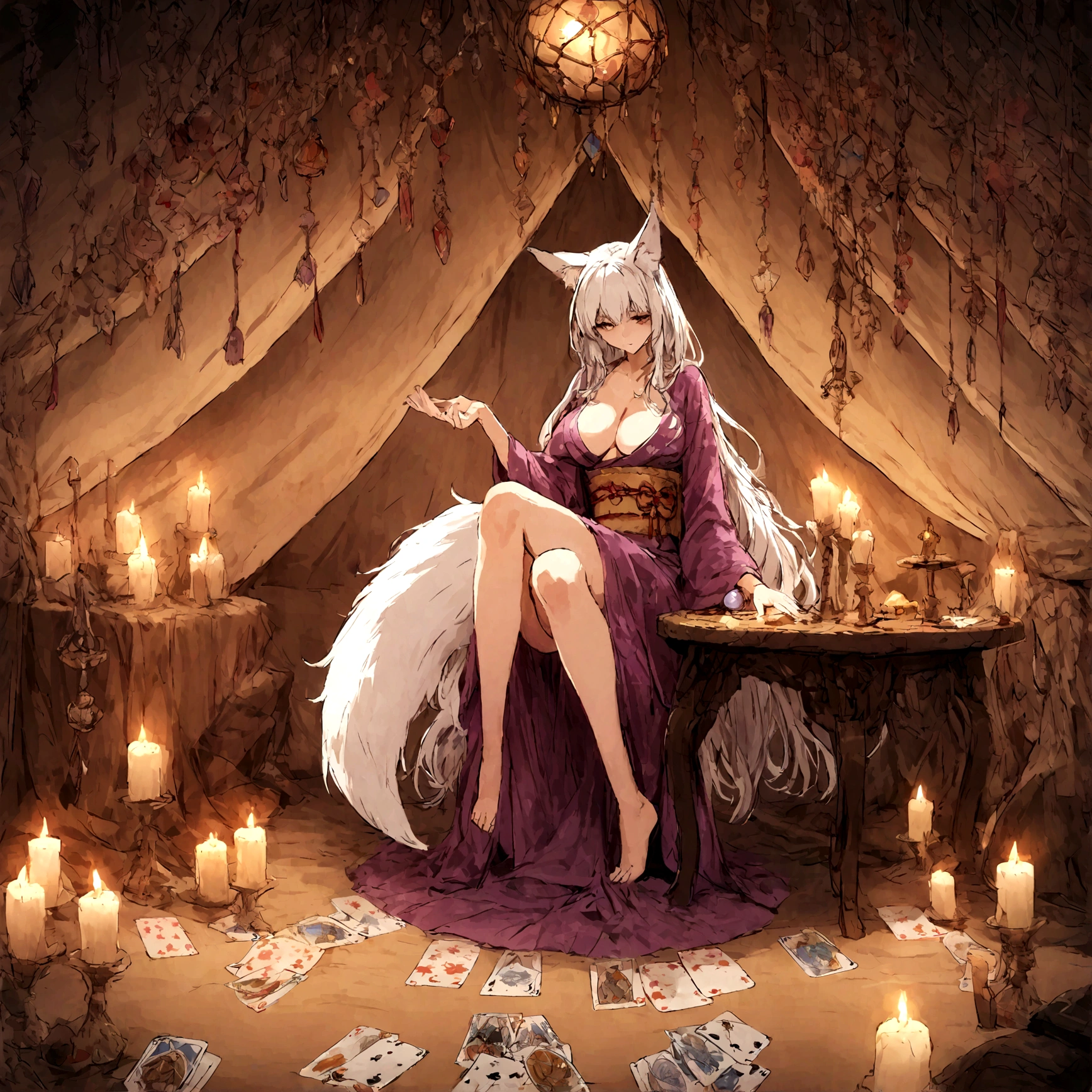 a sexy milf, has very long white hair, breasts, showing cleavage, has fox ears, wearing sakura kimono, in a gypsy tent, reading a crystal ball and surrounded by tarot cards, surrounded by candles, mystical, showing legs, sitting on cloth laden stool, has a table in front of her, has a fox tail, purple ornate hanging drapery, holding a shining crystal ball, surrounded by tarot cards