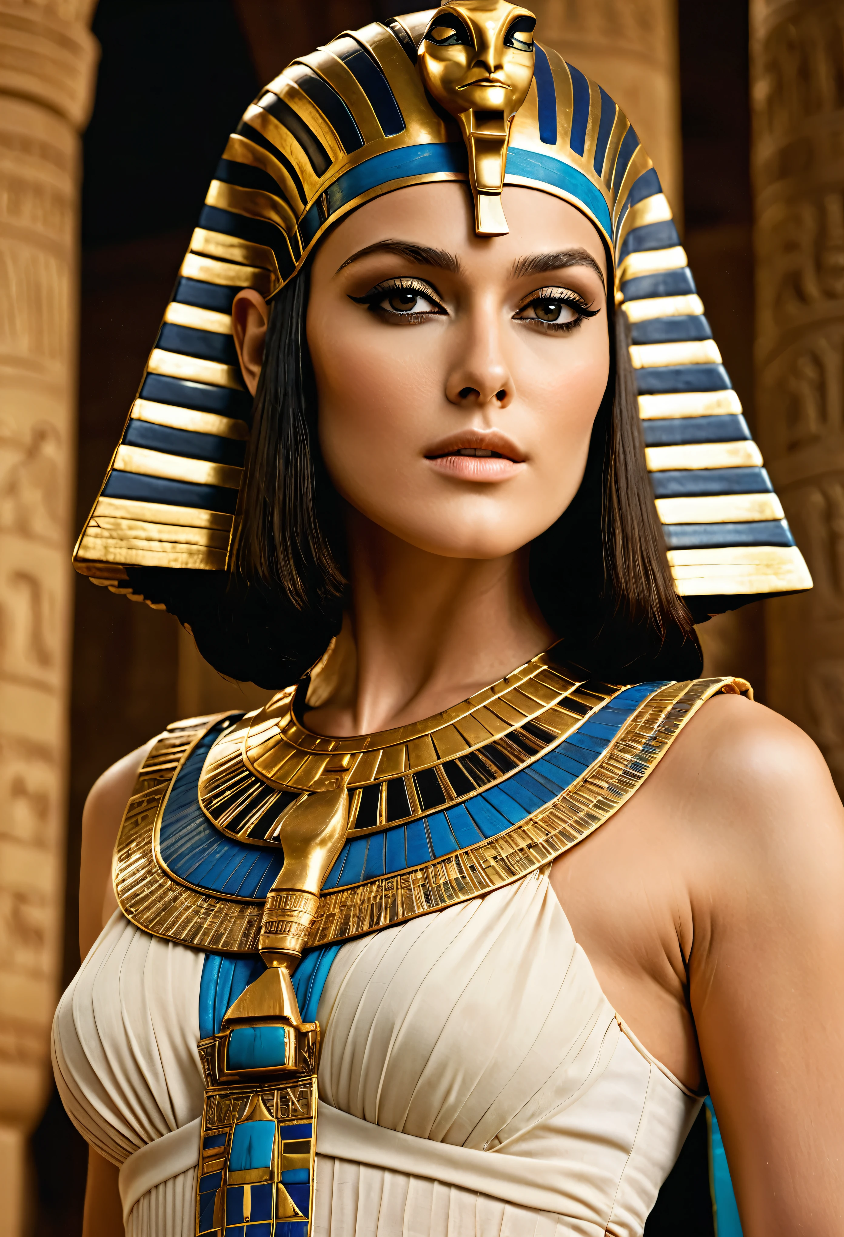 Gorgeous cleopatra, insane details, thick attractive figure, bulky figure, egyptian princess, cinematic goddess close shot, cleopatra, extremely beautiful lady, cinematic goddess body shot, cleopatra portrait, goddess, stunning beauty, extremely high detail, egyptian, cleopatra in her palace, cinematic goddess shot, egyptian style, extremely detailed goddess shot, beautiful goddess, cinematic portrait, professional cinematography, As an Egyptian, Keira Knightley Beautiful and stunning pharaoh Keira Knightley, portrait of Cleopatra, uhd, 8k, 32k, detailed, intricate, sharp Beauty, high definition, cinematic perspective, faultless image, background of ancient EgyptA close-up of a woman wearing a gold dress and an Egyptian mask, a cinematic portrait, expert cinematography, crazy details, an Egyptian princess, a close-up of a cinematic goddess, cleopatra, an incredibly beautiful lady, and a cinematic goddess body