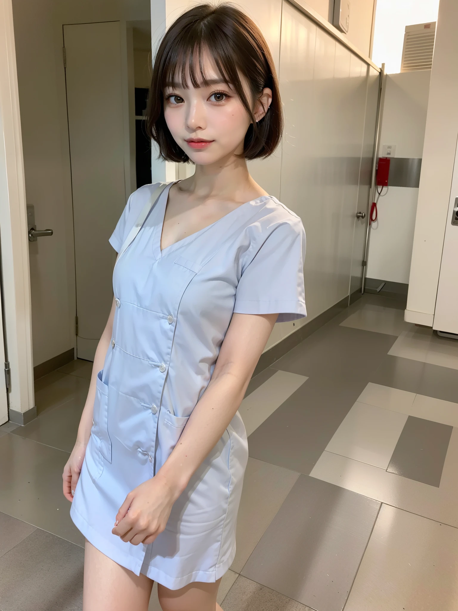 ((Best of the highest quality, 8k, Masterpiece: 1.3, raw photo)), Sharp focus: 1.2, (1 AESPA, slim body type female, 21 y/o: 1.1), (Solo: 1.2), (realistic, photo-realistic:1.37), face focus, cute face, finely eyes, (droopy eyes: 1.32), (Emphasize prominent aegyo-sal with bright: 1.2), shimmering eyeshadow applied under the lower lash line, paired with thick, (small breasts, flat chest, Thigh: 1.3), (short messy hair, bangs: 1.2), (nurse uniform: 1.32), walking hospital terrace, sun light, flower, (from below: 1.08)