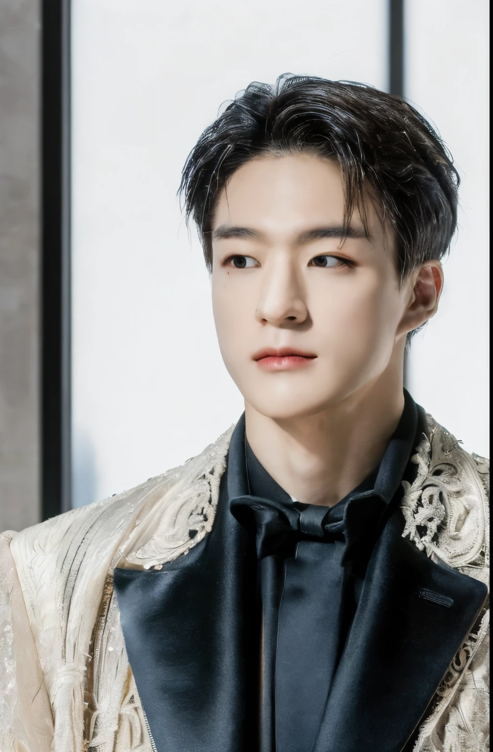 oppav3, (masterpiece, ultra quality, high resolution, 8k, intricate: 1.2), (detailed face:1.2), (wearing black suit:1.5), handsome, detailed skin, pores, absurdres, hunk, 1boy, male focus, ((realistic)), good lighting quality, muscle veins, ((pale skin)), flexing, balanced eyes, brown eyes,