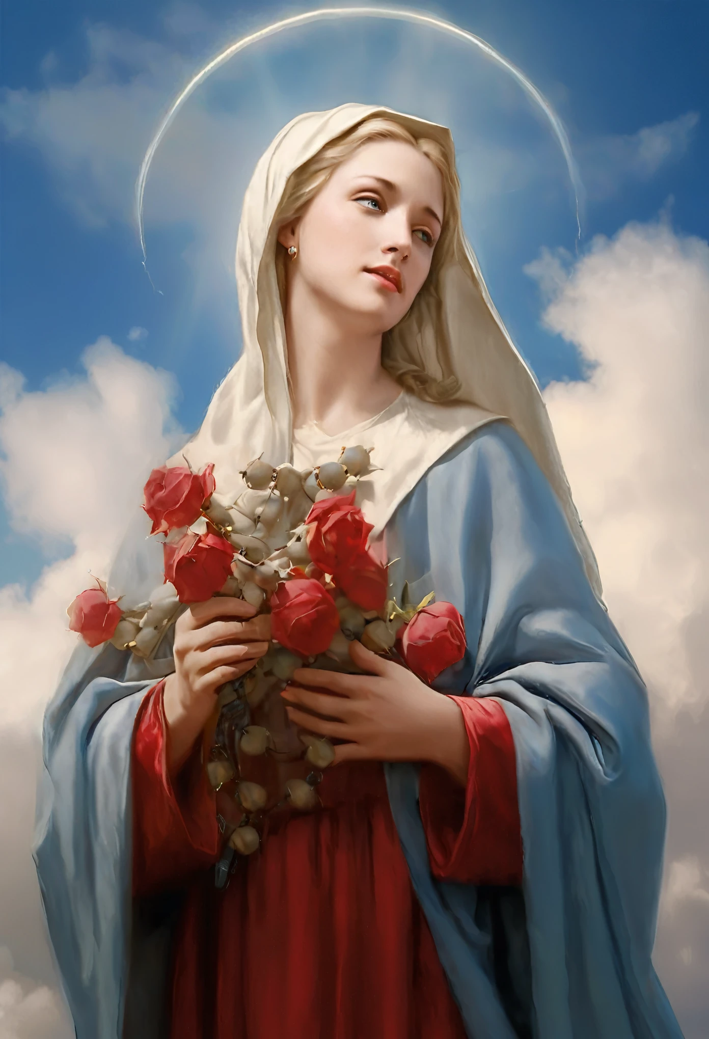 (((Holy virgin mary immaculate in traditional image. With eyes closed. with a rosary in his hands. full body. Hyperrealistic image. full body))) (((17 years old))) Masterpiece (Best quality: 1.2) (Super fine: 1.2) Illustration, (Extremely delicate and beautiful: 1.2), Film angle, Floating, (Beautiful detail eye: 1.1), (Detail Light: 1.1) Film lights, Delicate sky, Blue eyes (High ponytail: 1.1) Layer, Bright eyes (Light particles: 1.1) dr