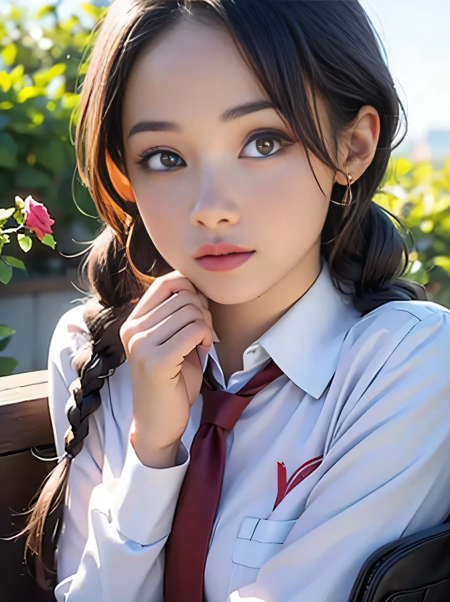 (photorealistic:1.5), (solo, one girl:1.5),(shine a bright light on women),(ultimate beautiful girl:1.5),(shiny skin),(oily skin),(Long braids Hair:1.3),(use pink glossy lips),(sweet smelling girl),(virgin girl:2.0),chuuChloe,(cute:1.3),(relaxing time:1.5),(Sexy lips),(Rose Garden),(very large eyes:1.6),(high nose),(animation face:1.5),(Small breasts),(flat chest),(Pure),(School Uniform Costume Play:1.5)