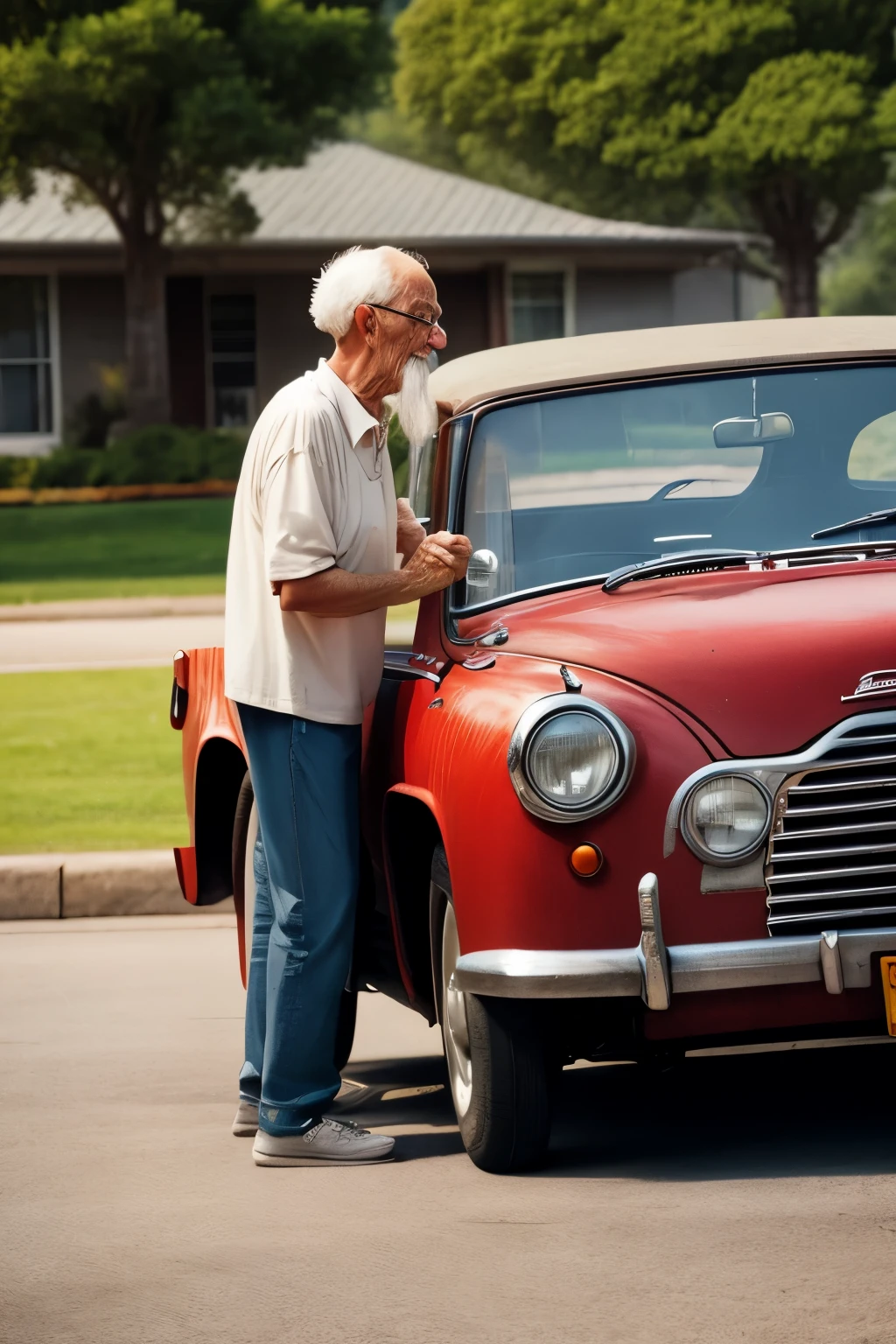An old man eating a moving car