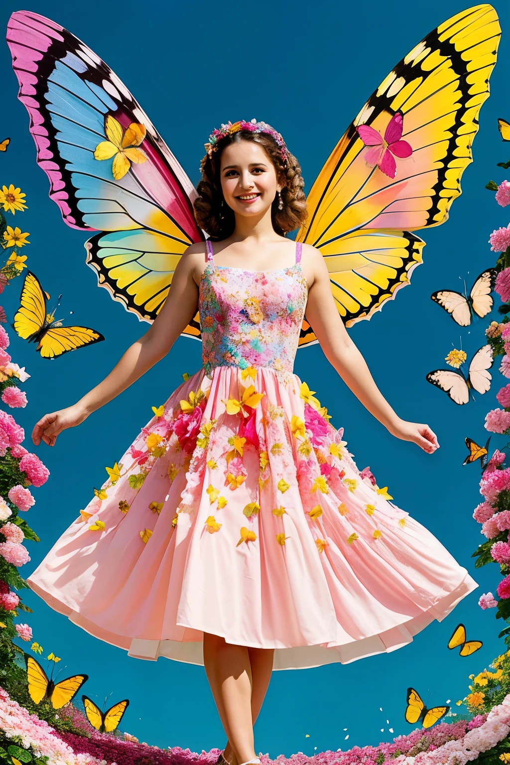 Florinda, the spring fairy Florinda in a dress made of flower petals and butterfly wings.
Flores de colores brillando alrededor.
Pajaritos y mariposas danzando en el aire.