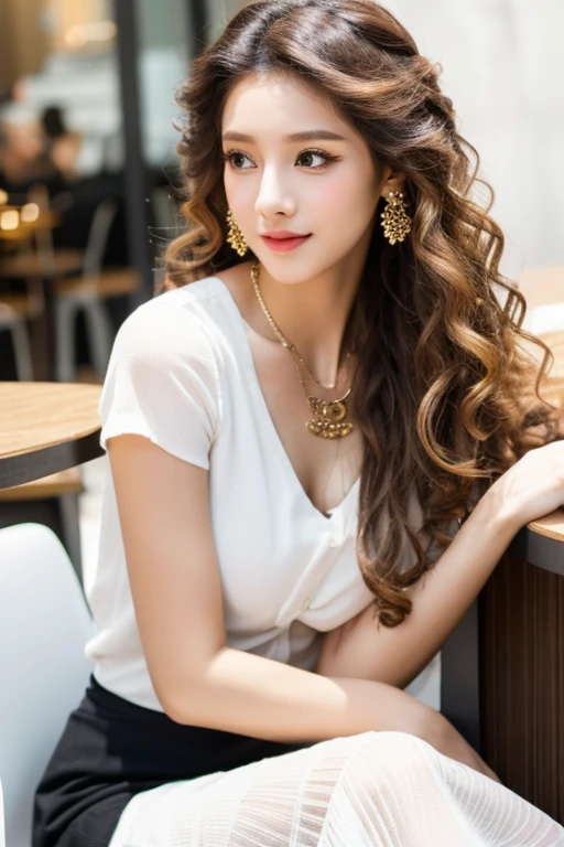 Gorgeous girl with golden white Curly long hair, dreadlock hairstyle, luxuriant eyelashes beautiful eyes with brightness, delicate nose and face, cuscious lips , cute face,, slim figure, medium chest, sitting, looking at viewers, wearing black skirt, white short shirt sexy earrings necklace tattoos full-body shoot, 
Gorgeous girl sitting in the cafe 