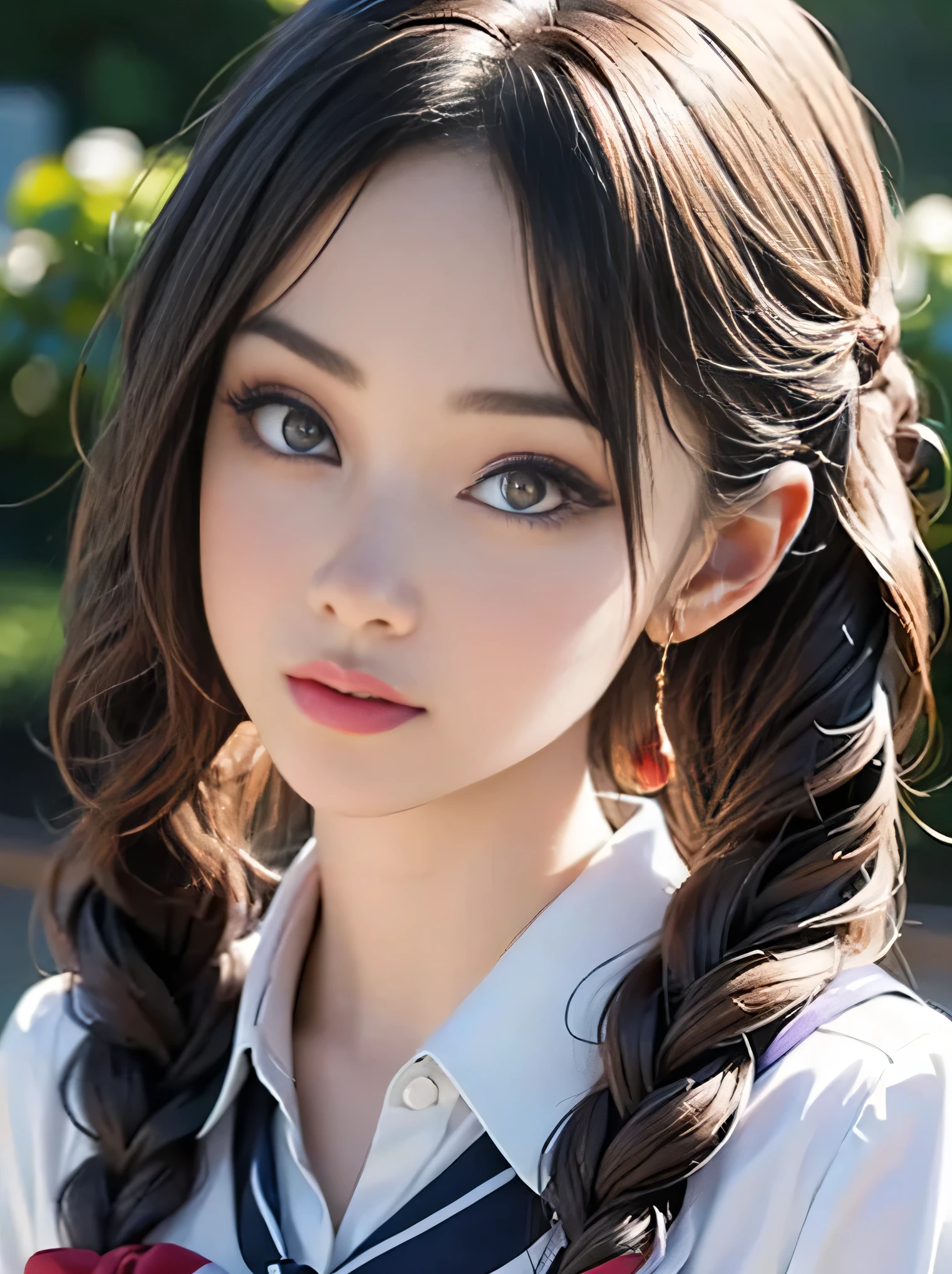 (photorealistic:1.5), (solo, one girl:1.5),(shine a bright light on women),(ultimate beautiful girl:1.5),(shiny skin),(oily skin),(Long braids Hair:1.3),(use pink glossy lips),(sweet smelling girl),(virgin girl:2.0),chuuChloe,(cute:1.3),(relaxing time:1.5),(Sexy lips),(Rose Garden),(very large eyes:1.6),(high nose),(animation face:1.5),(Small breasts),(flat chest),(Pure),(School Uniform Costume Play:1.5)
