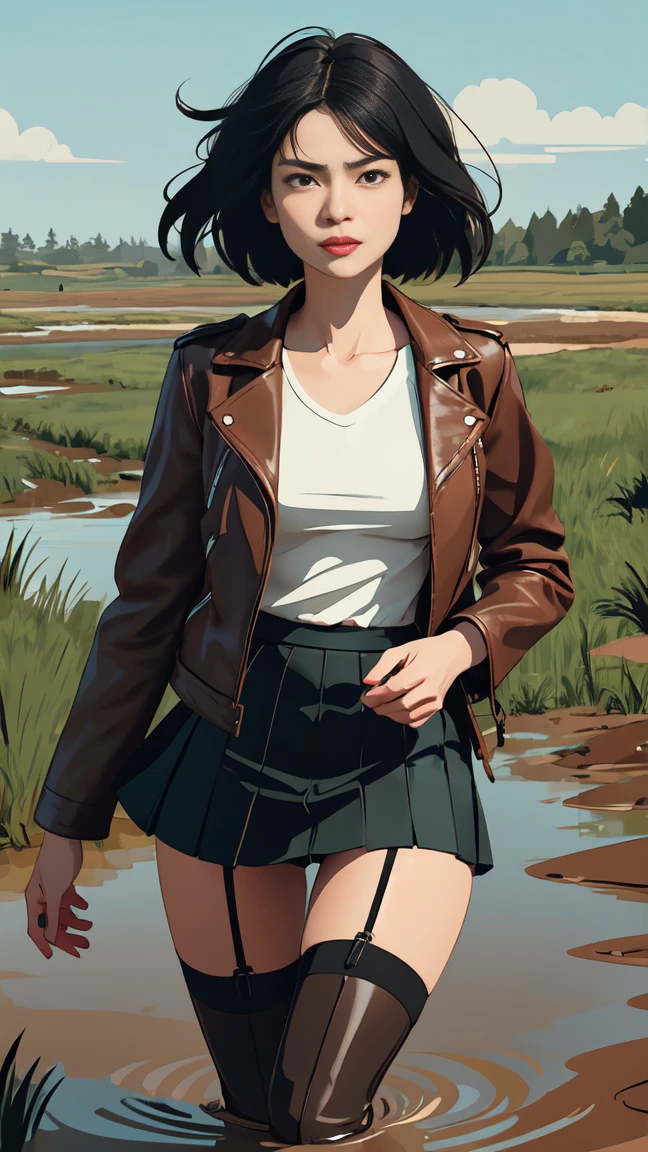(Vector image:1.3) of (Simple illustration:1.3), woman in a faded leather jacket, skirt, over-knee sexy boots, stockings with garters, drowning in a quicksand bog, provocative, horny, standing, red, green, blue, black