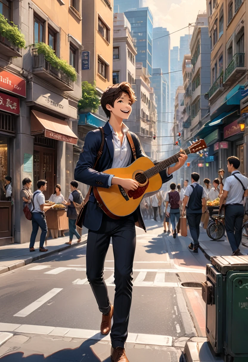 A young man carrying a guitar plays and sings on the busy streets of the city, bringing joyful melodies to passersby. His expression is full of life attitude, and the background is the bustling city streets, showcasing the prosperity of the city and the liveliness of the streets, (masterpiece, best quality, Professional, perfect composition, very aesthetic, absurdres, ultra-detailed, intricate details:1.3)