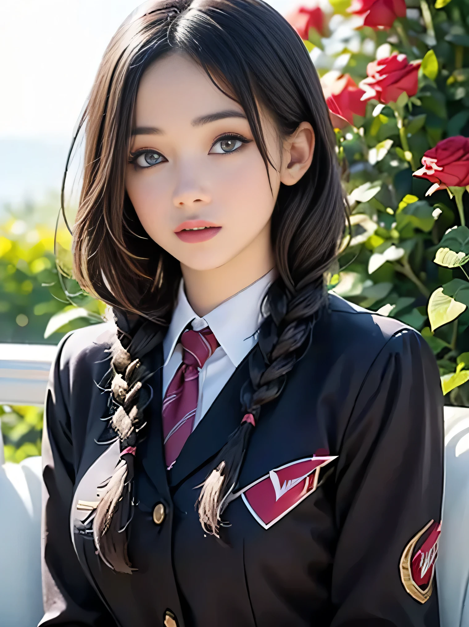 (photorealistic:1.5), (solo, one girl:1.5),(shine a bright light on women),(ultimate beautiful girl:1.5),(shiny skin),(oily skin),(Long braids Hair:1.3),(use pink glossy lips),(sweet smelling girl),(virgin girl:2.0),chuuChloe,(cute:1.3),(relaxing time:1.5),(Sexy lips),(Rose Garden),(very large eyes:1.6),(high nose),(animation face:1.5),(Small breasts),(flat chest),(Pure),(School Uniform Costume Play:1.5)