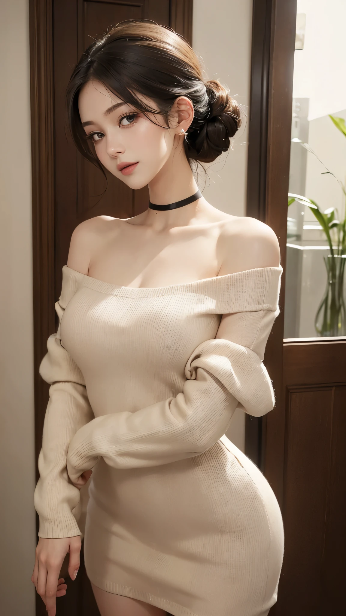 (masterpiece, highest quality, highest quality, Official Art, Beautiful and aesthetic:1.2, Cinematic lighting、Key light at 45 degrees from the front, Fill Light、Soft backlight), 


Beautiful Face、Perfect round ass、The body is slim、Fit and body、Pale skin、Shiny, bright eyes、Long eyelashes、Glossy face、Pervert woman、Beautiful mature woman, 
(Oily skin、Glowing Skin、Realistic skin texture、Beautiful skin in every detail、Shiny skin),

A 23-year-old 、(Cute:1.5)、
 ((Open your mouth))、masterpiece,highest quality,High resolution,Very detailed,skinny,,((Captivating smile ))、(skinny Black hair)Choker,Earrings,Big cleavage、(Light-colored off-the-shoulder tight sweater dress:1.5)、,Race,(( Perfect Fingers )) ,  indoor,(Open the front door 1.2),((sexy Gestures:1.5, A flirtatious, sexy face、A sweet, ecstatic face:1.5, Open your mouth and look at me))、Heavy breathing ,

Accurate 5-finger、Accurate human body、The perfect human body、The most beautiful face, true to the human body、Correct five-finger、The perfect human body、Someone knowledgeable、Highly detailed face and skin texture、Natural neck length、(beautiful Hands)、beautiful, Long, slender legs、Straighten two legs、Straighten two arms、