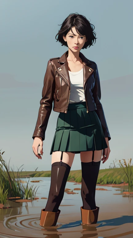 (Vector image:1.3) of (Simple illustration:1.3), woman in a faded leather jacket, skirt, over-knee sexy boots, stockings with garters, drowning in a quicksand bog, provocative, horny, standing, red, green, blue, black