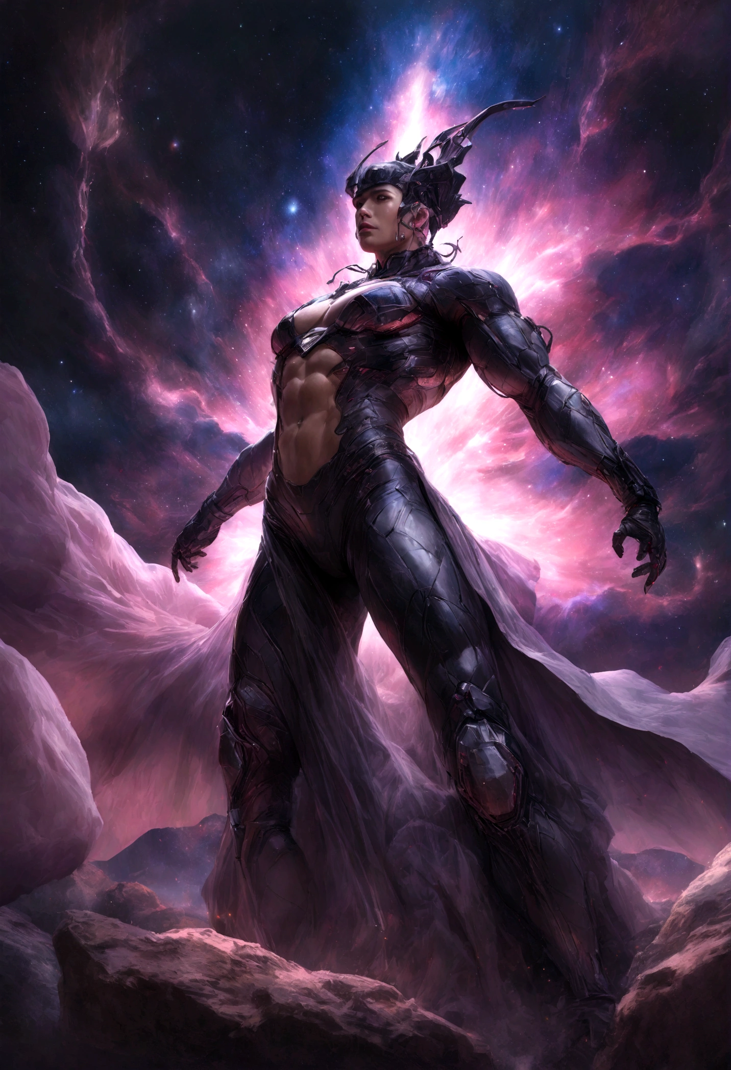 cosmic cyber spider, man csomic cibernetic suit, extremely muscular, extremely muscular body, badass, (best quality,4k,8k,highres,masterpiece:1.2),ultra-detailed,(realistic,photorealistic,photo-realistic:1.37),galaxy background, cosmic rays, cosmic energy, dramatic lighting, intricate details, cinematic composition, hyper-realistic, ethereal, otherworldly, powerful presence, piercing gaze, flowing robes, katana, glowing energy, cosmic dust, nebula, brilliant colors