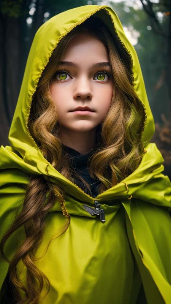 high detail, clarity, 8 k, young girl, 15 years old, light hair, wavy hair, yellow eyes, blazing, green cloak, hood, Realism, fantasy,