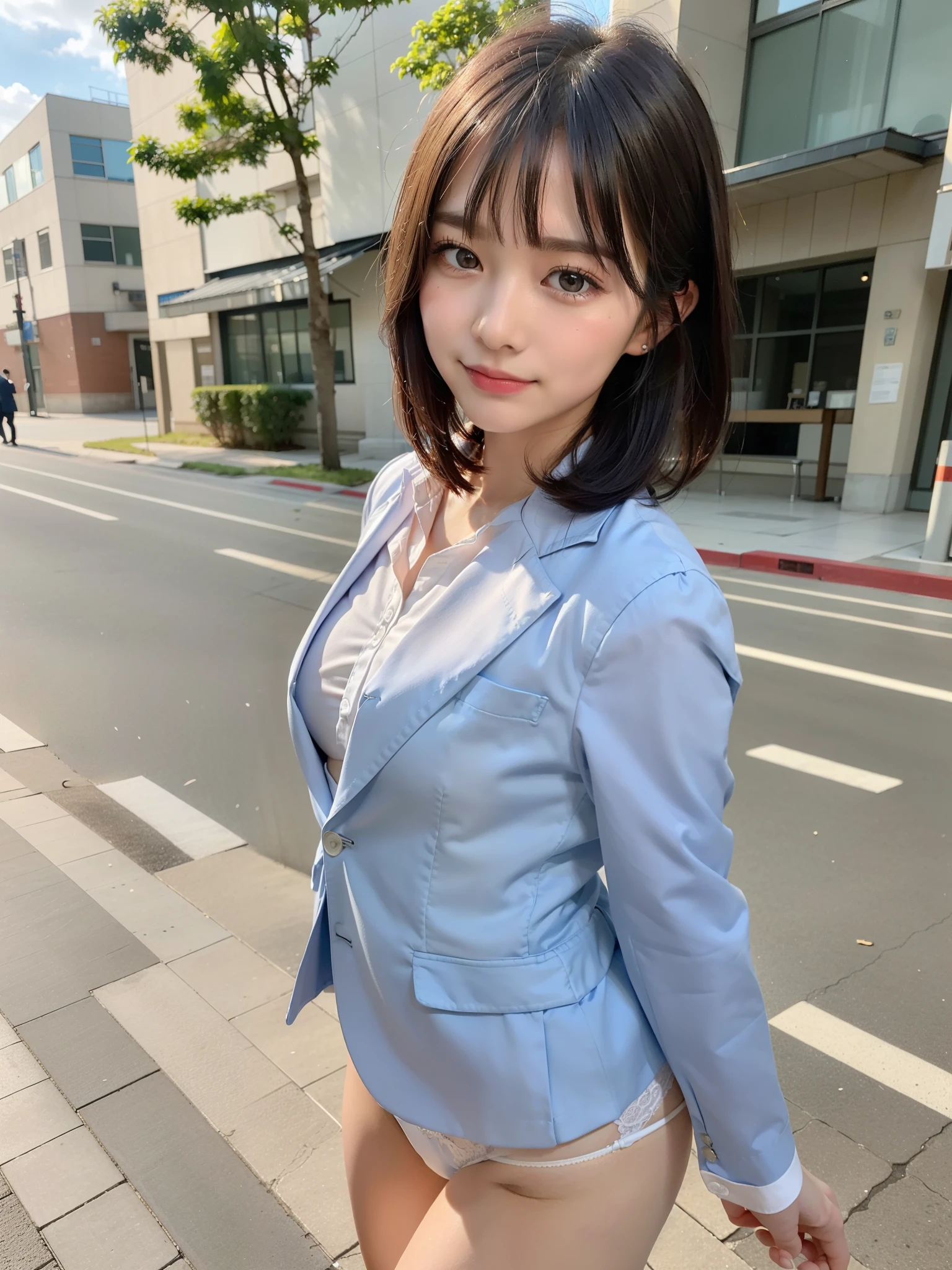 ((Best of the highest quality, 8k, Masterpiece: 1.3, raw photo)), Sharp focus: 1.2, (1 AESPA, slim body type female, 21 y/o: 1.1), (Solo: 1.2), (realistic, photo-realistic:1.37), face focus, cute face, finely eyes, (droopy eyes: 1.32), (Emphasize prominent aegyo-sal with bright: 1.2), shimmering eyeshadow applied under the lower lash line, paired with thick, (from behind: 1.1), (small breasts, flat chest, Thigh: 1.3), (short bob, bangs: 1.2), (wearing blazer and shirt of school uniform, panties: 1.32), walking terrace office, sun light, flower