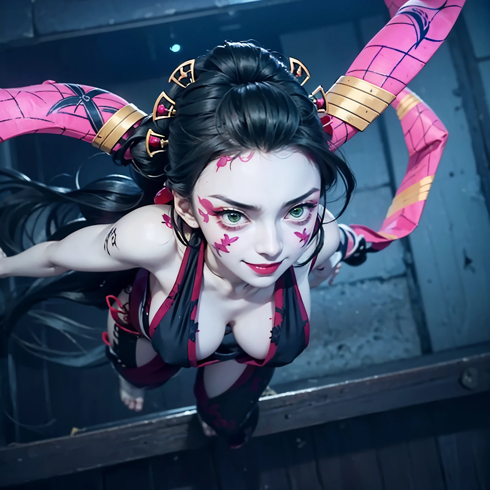 nsfw, girl without clothes, Daki, perfect cosplay, pale skin, costs, Hand on the waist, smiling, black hair, hairpins, Geisha, demon tattoos, green eyes, realism, Highly detailed eyes, clear tattoos, Jump up