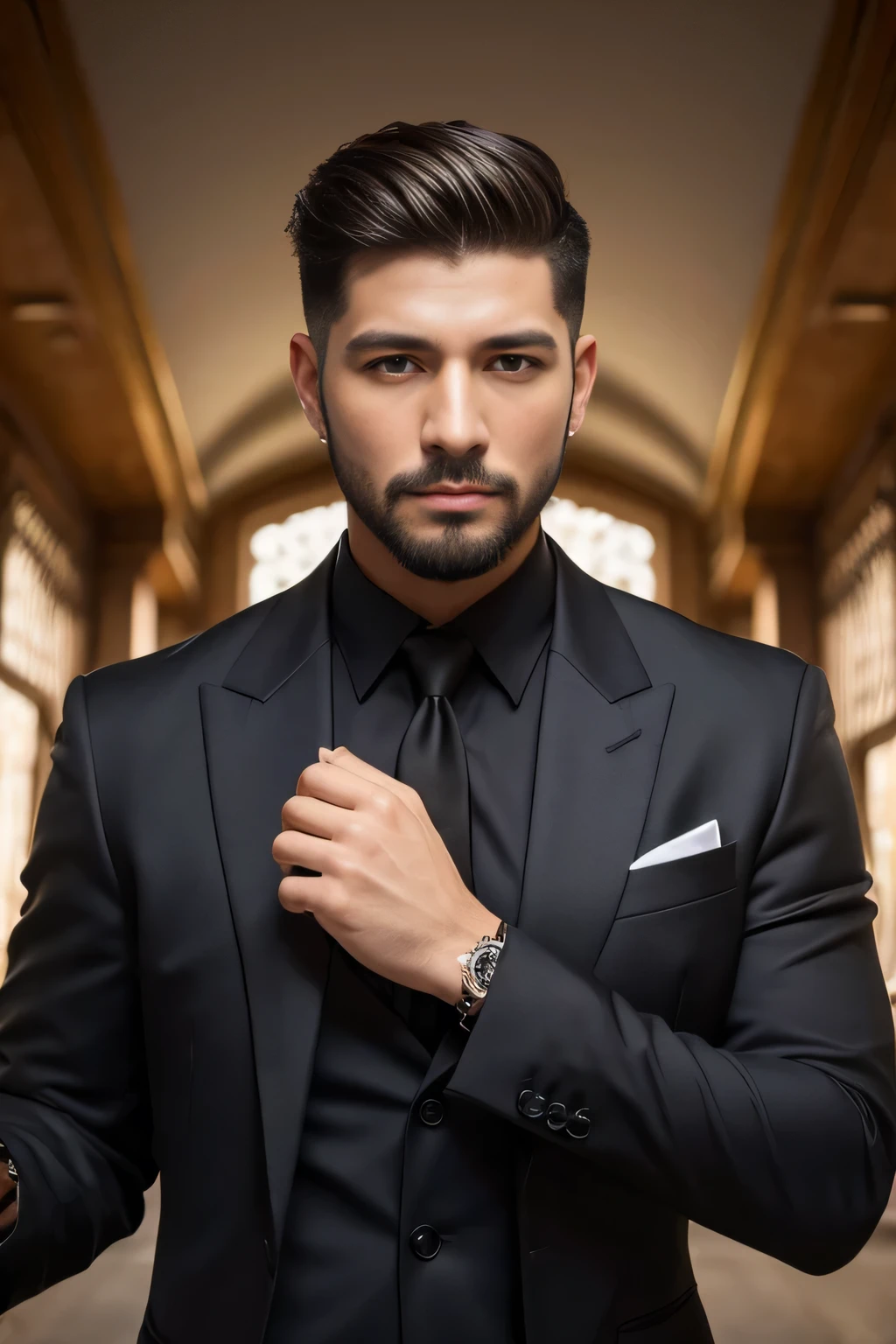 masutepiece, um homem latino, magro, de 20 anos bonito roupa de padre,, gay best quality, fotorrealista, ultra-detalhado, detalhe fino, high resolution, Papel de parede 8K, um homem Moreno com barba curta preta, cabelo castanho claro undercut, in a business suit, sharp focus, perfect dynamic composition, belos olhos detalhados, Detailed hairs, Textura de pele realista detalhada,standingn, pele morena, golden revolver in hand, magic