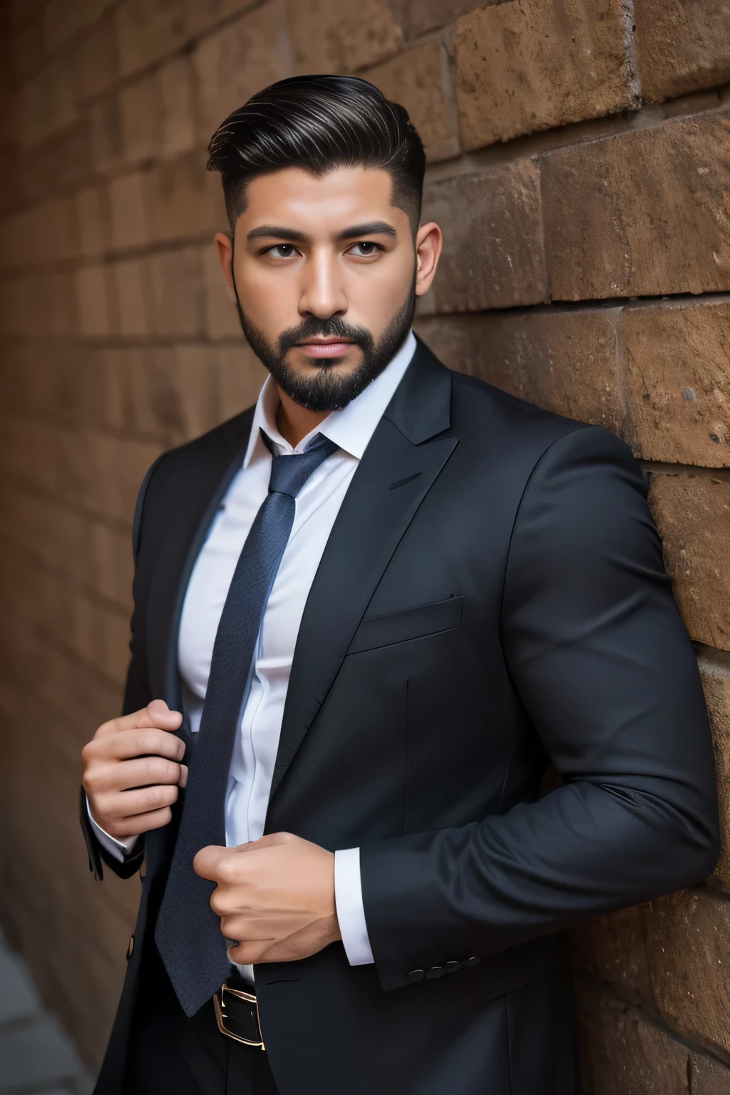 masutepiece,  um homem latino, magro, de 20 anos bonito roupa  de padre,, gay best quality, fotorrealista, ultra-detalhado, detalhe fino, high resolution, Papel de parede 8K, um homem Moreno com barba curta preta, cabelo castanho claro undercut, in a business suit, sharp focus, perfect dynamic composition, belos olhos detalhados, Detailed hairs, Textura de pele realista detalhada,standingn, pele morena, golden revolver in hand, magic
