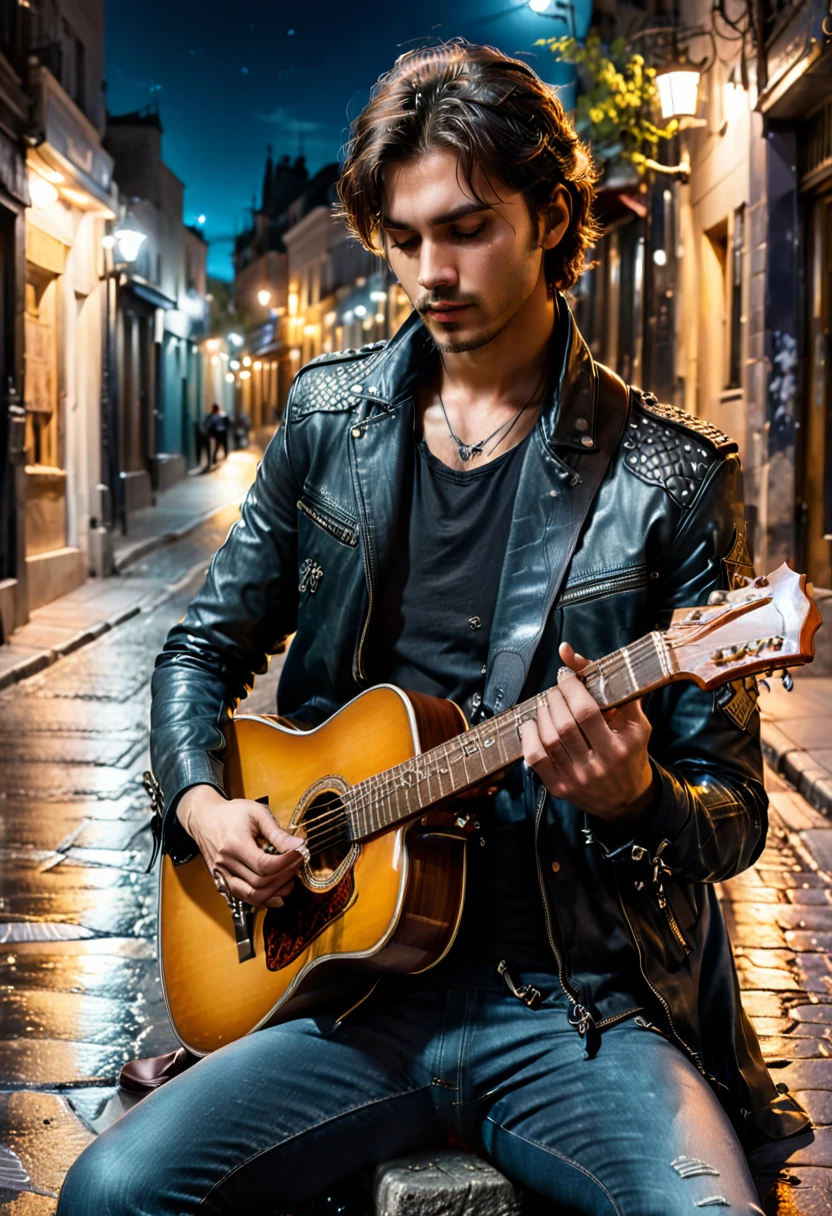 Realistic style, under the moonlight, an guitarist wearing a leather jacket sits alone on the street, his fingers gently sliding on the strings of the guitar, revealing a melancholic blues melody. His eyes are filled with stories and past scars, set against the backdrop of late night streets and quiet moonlight. middle shot, (masterpiece, best quality, Professional, perfect composition, very aesthetic, absurdres, ultra-detailed, intricate details:1.3)