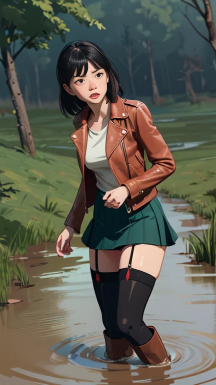 (Vector image:1.3) of (Simple illustration:1.3), woman in a faded leather jacket, skirt, over-knee sexy boots, stockings with garters, drowning in a quicksand bog, blush, provocative, horny, standing, red, green, blue, black