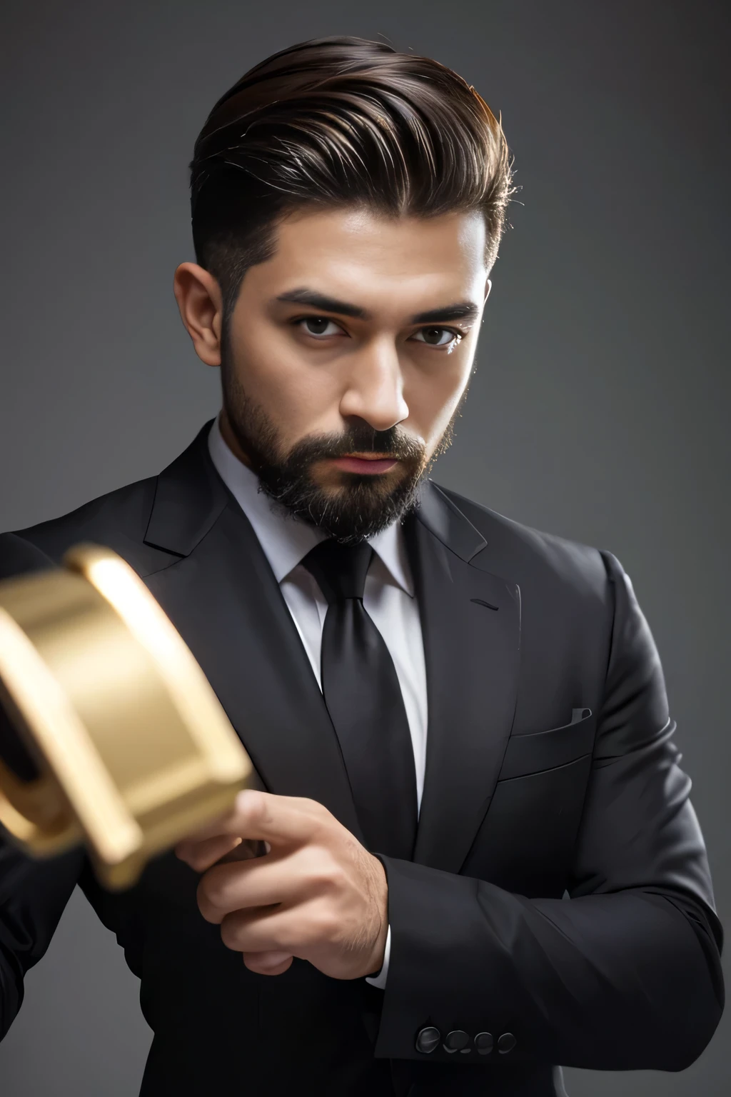 masutepiece, um homem latino, magro, de 20 anos bonito roupa de padre,, gay best quality, fotorrealista, ultra-detalhado, detalhe fino, high resolution, Papel de parede 8K, um homem Moreno com barba curta preta, cabelo castanho claro undercut, in a business suit, sharp focus, perfect dynamic composition, belos olhos detalhados, Detailed hairs, Textura de pele realista detalhada,standingn, pele morena, golden revolver in hand, magic
