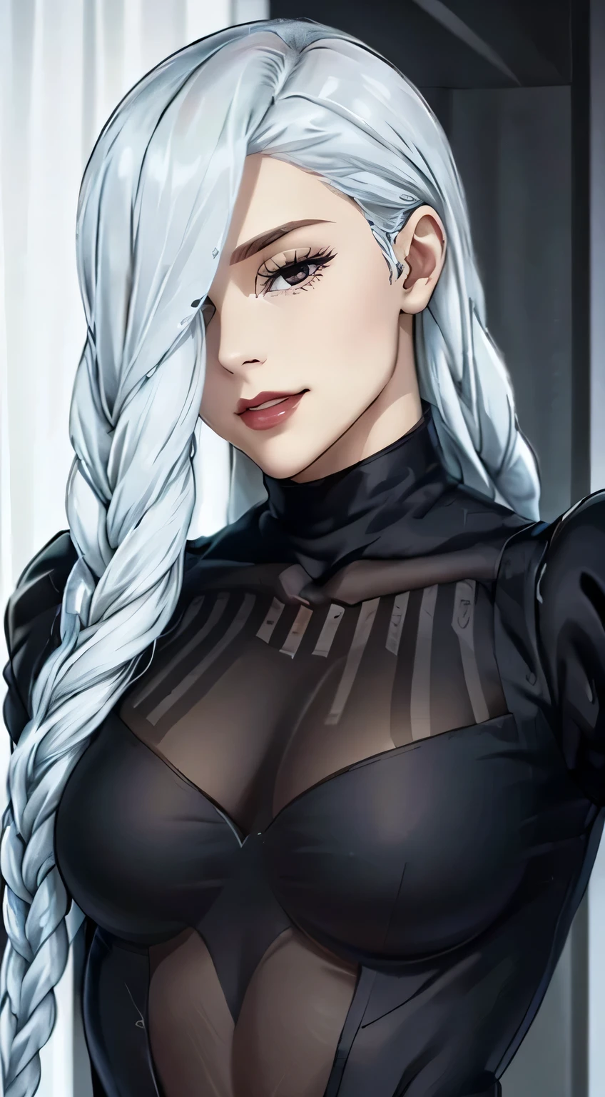 (best quality:1.3), (4k quality),(sharp image), Meimei, ((Detailed face)), ((masterpiece face)),((perfect detailed eyes)) (blush), Meimei, (((white silver hair, long white braided hair))), black eyes, red lips, red lips, sly face, face with stern features, ((detailed face)), perfect face, highly detailed eyes, masterpiece, absurdres , (intricate details), (colorful),cinematic lighting, extremely detailed CG unity 8k wallpaper , 1girl, solo, mature female, erected tits, fit body, black tight dress, ((bedroom)), ((perfect small erected breast))((fit slim body)), ((perfect small breast)), (((wicked smile))), fit slim body, standing in seductive pose