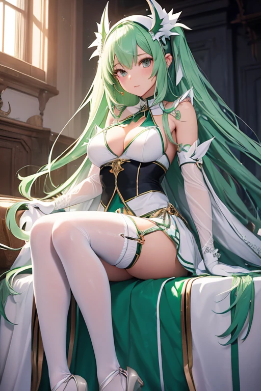 (girl1), (anime), white, with long green hair, an 18 year old woman, with white stockings and a sexy dress, wearing a heroine costume consisting of a white sleeveless swimsuit, white spiked gloves and metal plates on her waist and feet, look at the size of her breasts, they are size AA+