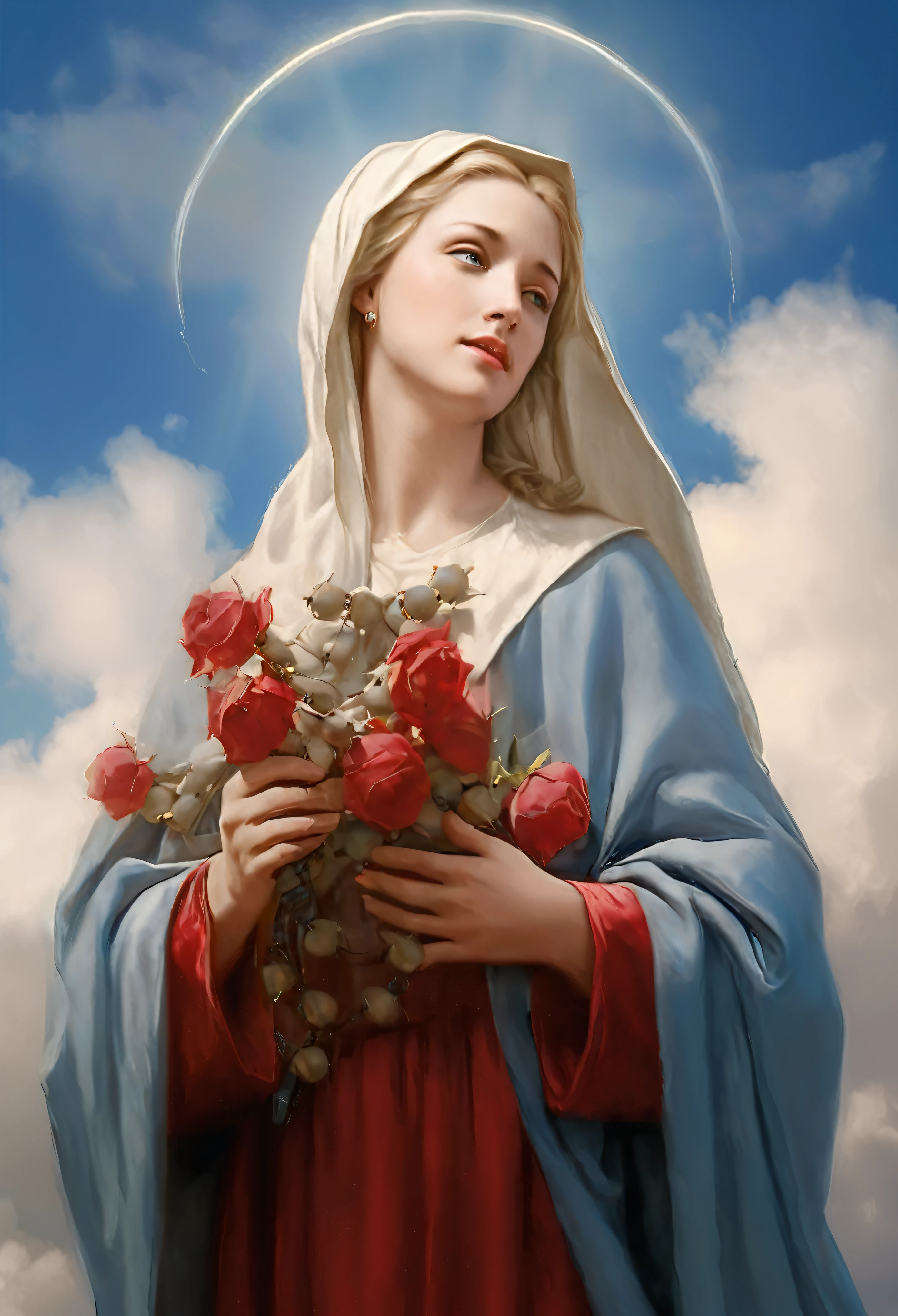 (((Holy virgin mary immaculate in traditional image. With eyes closed. with a rosary in his hands. full body. Hyperrealistic image. full body))) (((17 years old))) Masterpiece (Best quality: 1.2) (Super fine: 1.2) Illustration, (Extremely delicate and beautiful: 1.2), Film angle, Floating, (Beautiful detail eye: 1.1), (Detail Light: 1.1) Film lights, Delicate sky, Blue eyes (High ponytail: 1.1) Layer, Bright eyes (Light particles: 1.1) dr