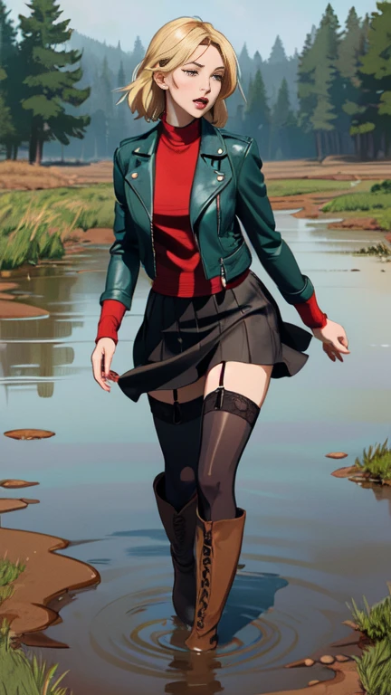 (Vector image:1.3) of (Simple illustration:1.3), woman in a faded leather jacket, skirt, over-knee sexy boots, stockings with garters, drowning in a quicksand bog, blush, orgasm, provocative, horny, standing, red, green, blue, black