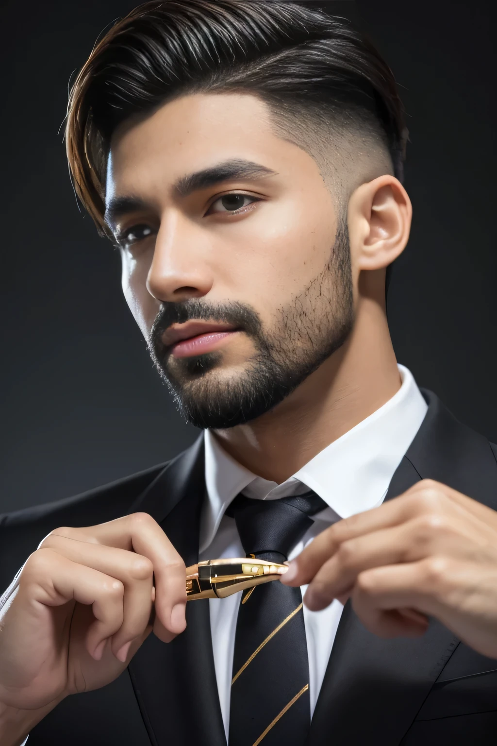 masutepiece, um homem latino, magro, de 20 s bonito roupa de padre,, gay best quality, fotorrealista, ultra-detalhado, detalhe fino, high resolution, Papel de parede 8K, um homem Moreno com barba curta preta, cabelo castanho claro undercut, in a business suit, sharp focus, perfect dynamic composition, belos olhos detalhados, Detailed hairs, Textura de pele realista detalhada,standingn, pele morena, golden revolver in hand, magic