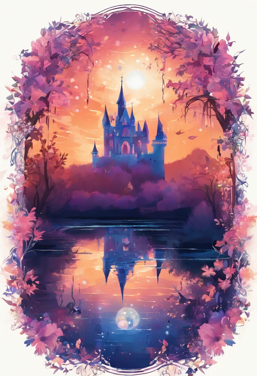 Illustration of a mysterious mystical castle against the backdrop of an overgrown pond and park. glowing star, sunset.