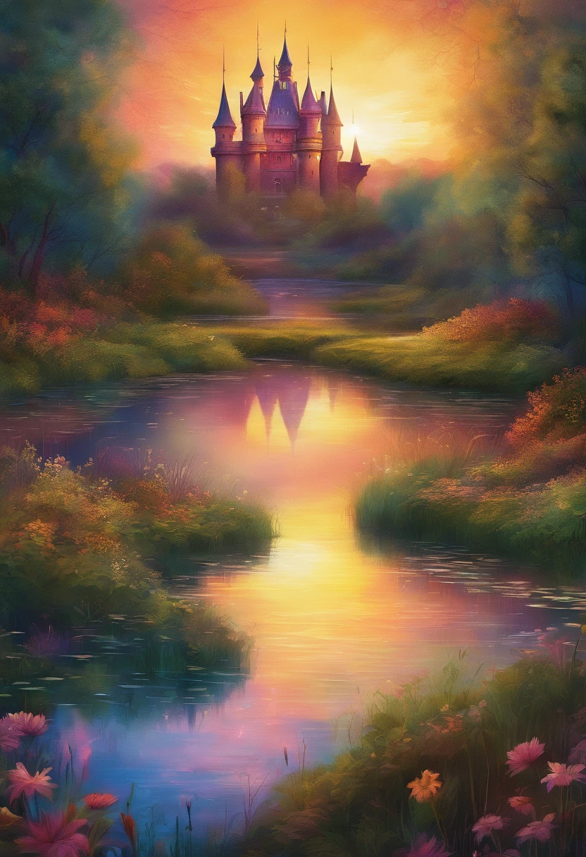 Illustration of a mysterious mystical castle against the backdrop of an overgrown pond and park. glowing star, sunset.