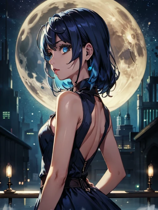 best quality, masterpiece, 1girl, blue dress, shoulders, blue aesthetic, shiny natural skin texture, long dress, small waist, detailed eyes, blue, moon behind her back