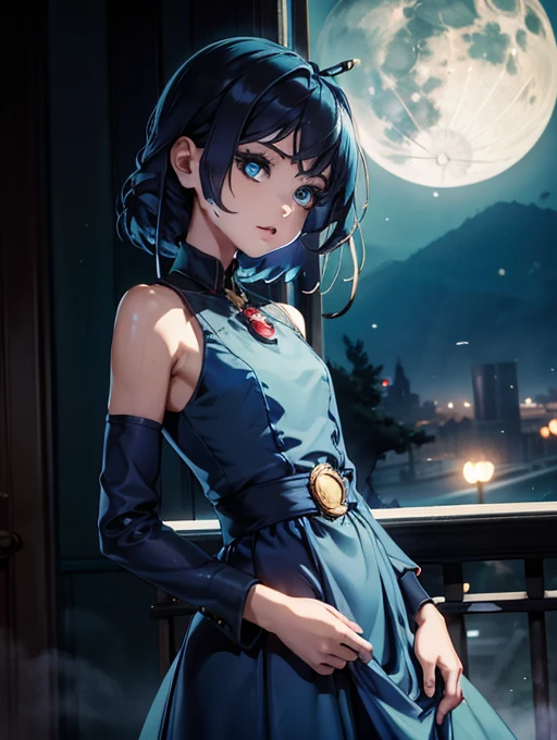 best quality, masterpiece, 1girl, blue dress, shoulders, blue aesthetic, shiny natural skin texture, long dress, small waist, detailed eyes, blue, moon behind her back