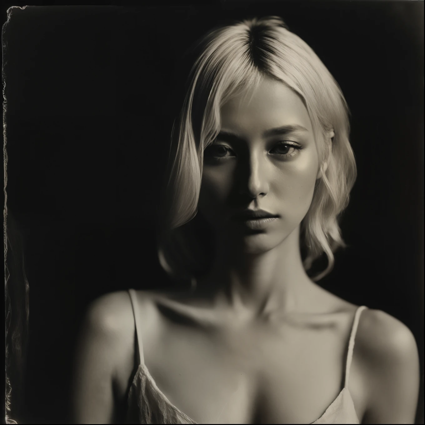 RAW photo, analog style, a beautiful 25 year old Japanese woman with blonde hair wearing a linen dress, by Collodion_Photo  (high detailed skin:1.2), 8k uhd, dslr, cinematic lighting, hasselblad, black and white