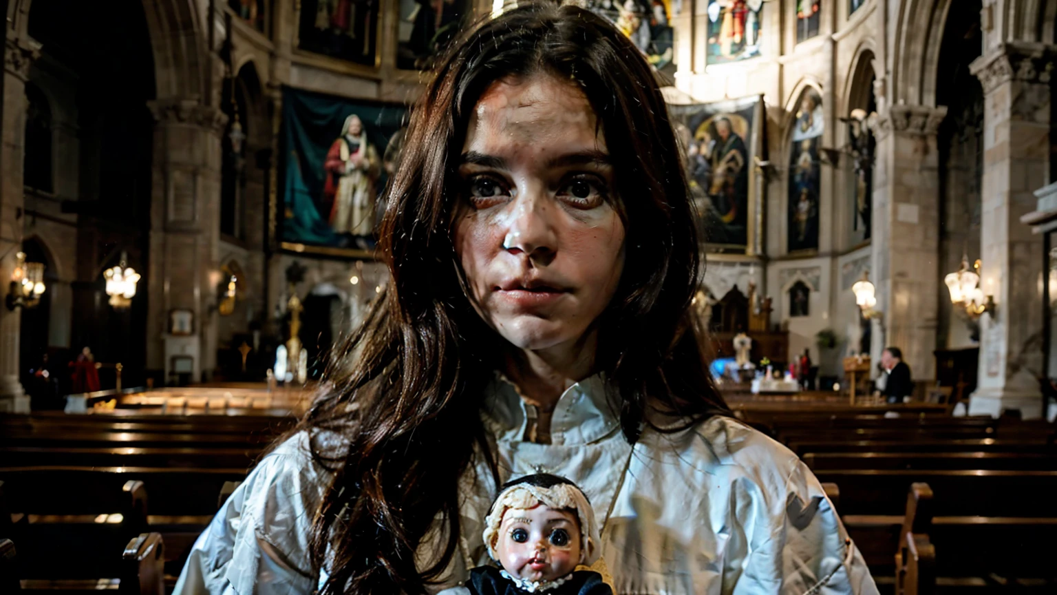 An ultra-realistic detailed photograph: Creepy disturbing dolls, in the middle of a Catholic church with several images of saints.